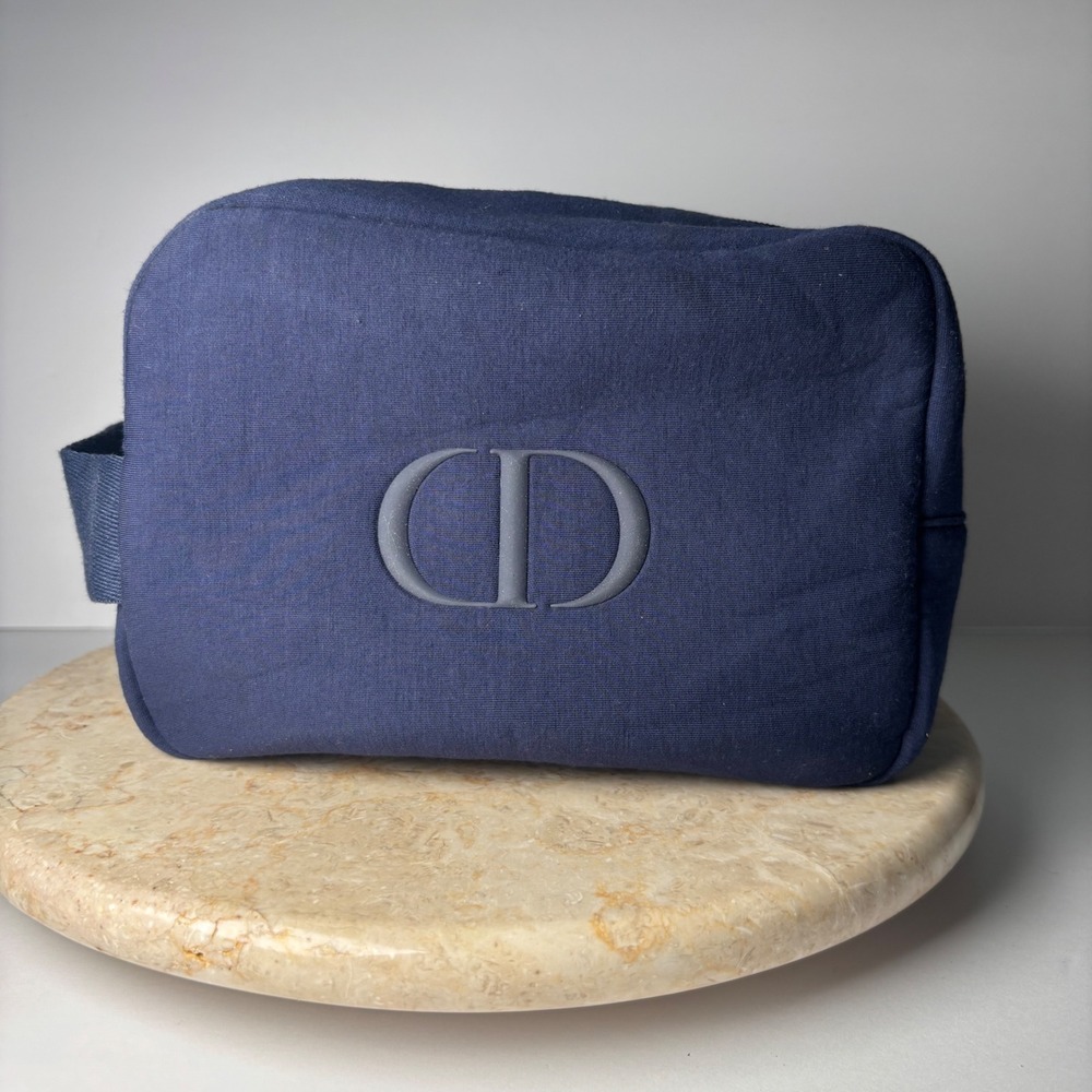 Dior Toiletry Bag Navy Blue CD Logo Canvas Zip Cosmetic Pouch Travel Case Soft